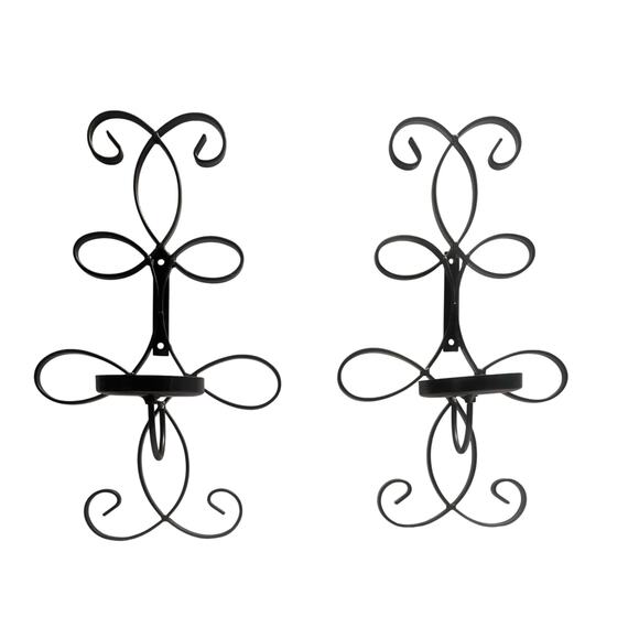 Ornate Black Iron Wall Sconce Candle Holders Set Of 2 Scroll Design 16" Tall - Picture 1 of 7